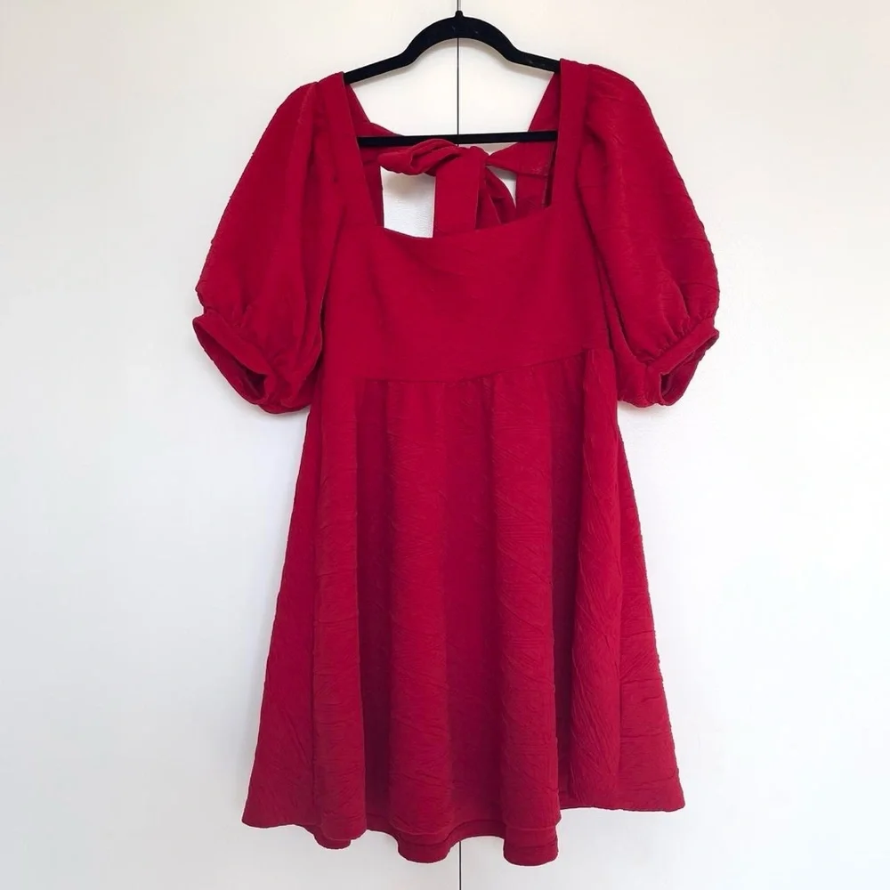 Free People | Red textured puff sleeve bow open back square neck mini dress | S - Picture 2 of 5